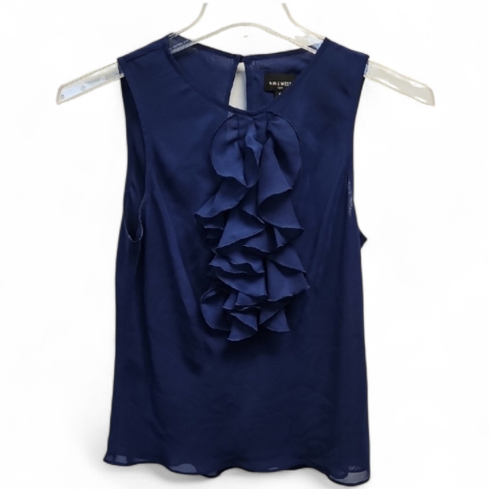 Nine West Blue Ruffled Chiffon Sleeveless Blouse Sz  8